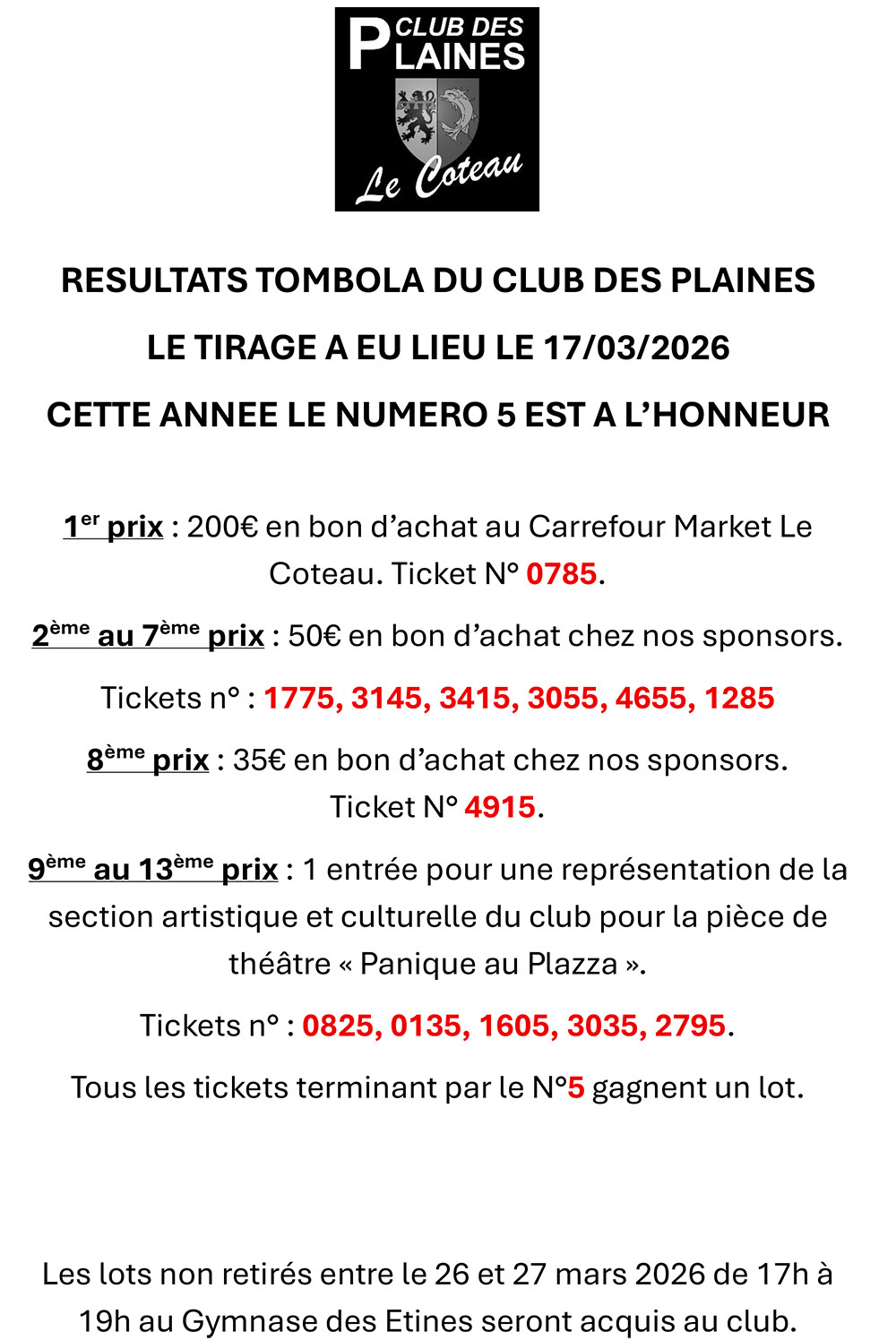 RESULTATS TOMBOLA DU CLUB DES PLAINES